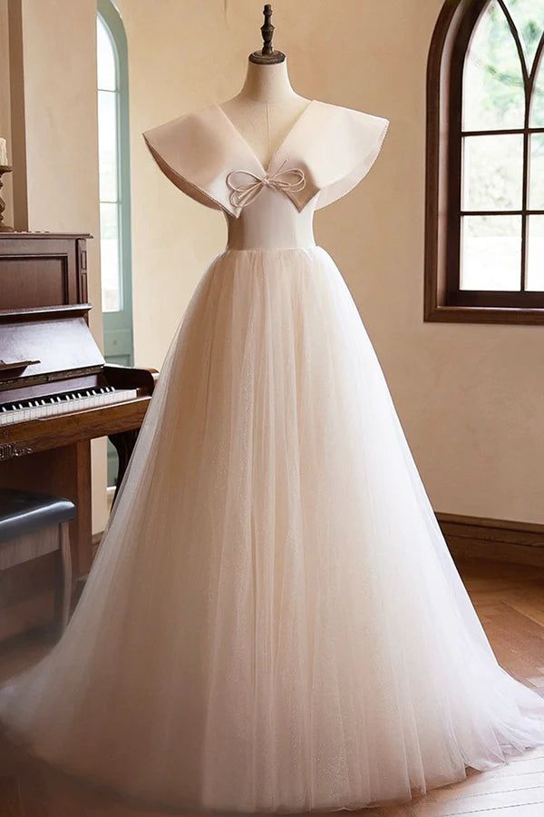 Wholesale Lovely Champagne Long Prom Dresses A-Line Princess V-Neck Bow Sleeveless Backless Formal Dresses